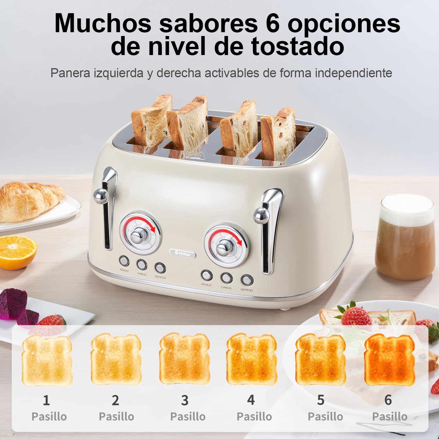 Wiltal Tostadora de 4 rebanadas, tostadora retro, carcasa de acero inoxidable, con accesorio integrado para panecillos, con tapa, grado de tostado 1-6, función de descongelación, bandeja recogemigas