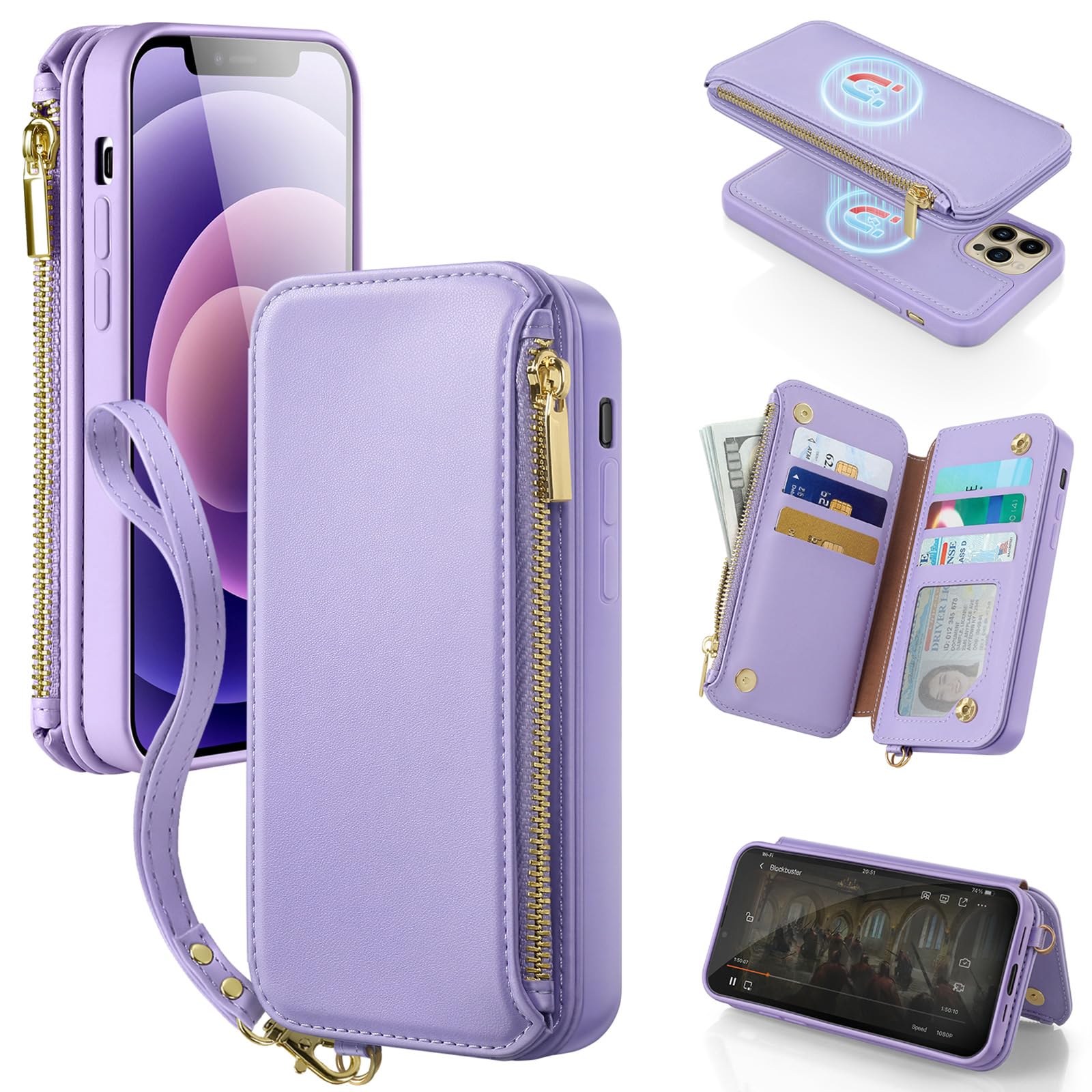 Antsturdy 2 in 1 Detachable for iPhone 14 Pro Max Wallet case with Magsafe,RFID Blocking Magnetic Wireless Charging PU Leather Phone case Flip Folio Cover Card Holder Wrist Strap Women Men,Purple