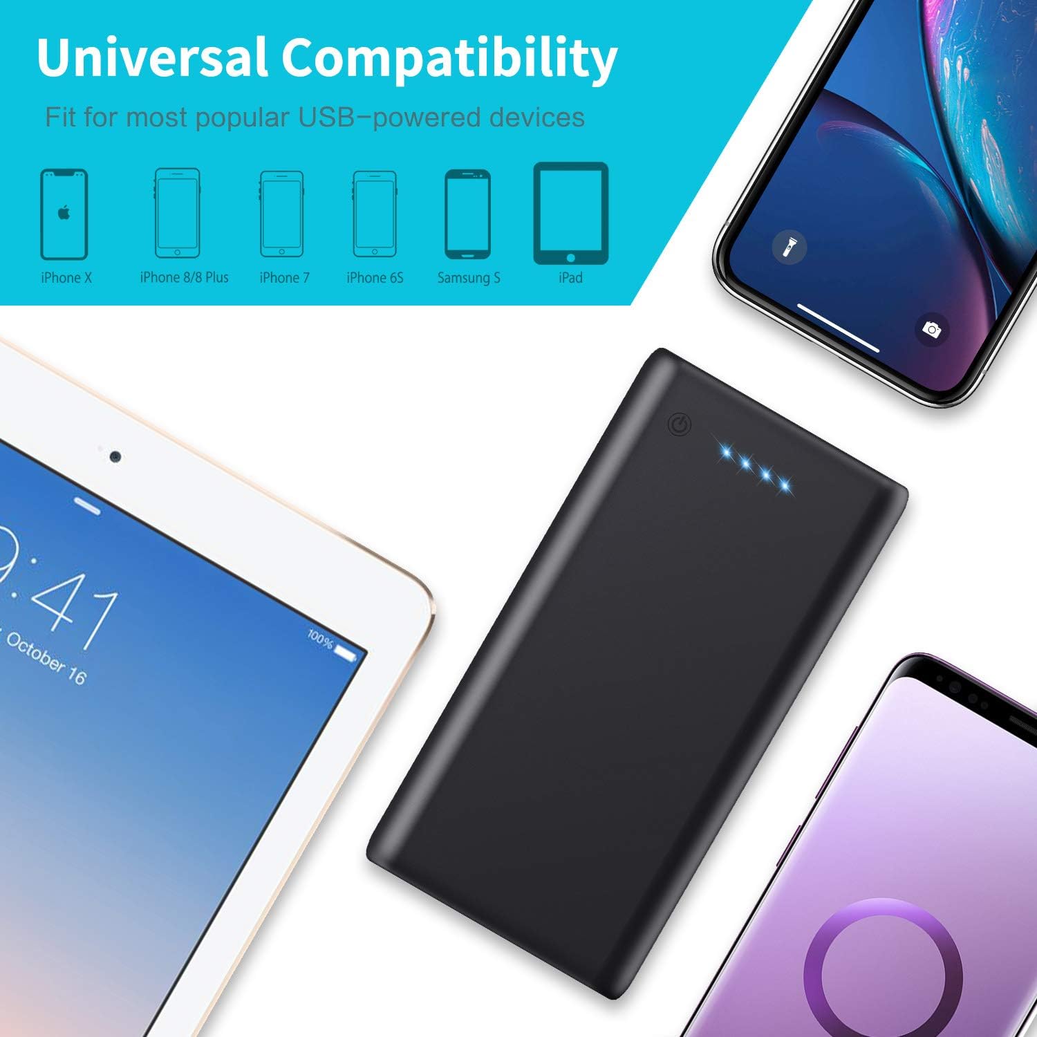 Pxwaxpy Power Bank demonstrating universal compatibility with various USB-powered devices