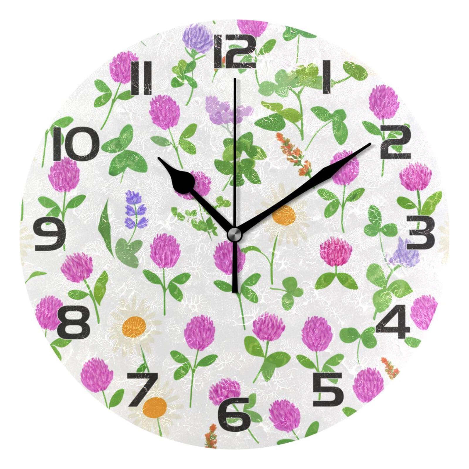 Ensound Colorful Wildflowers Wall Clock Non Ticking Silent Art Decorative Round Clock for Living Room Kitchen Bedroom Office School 12 Inch
