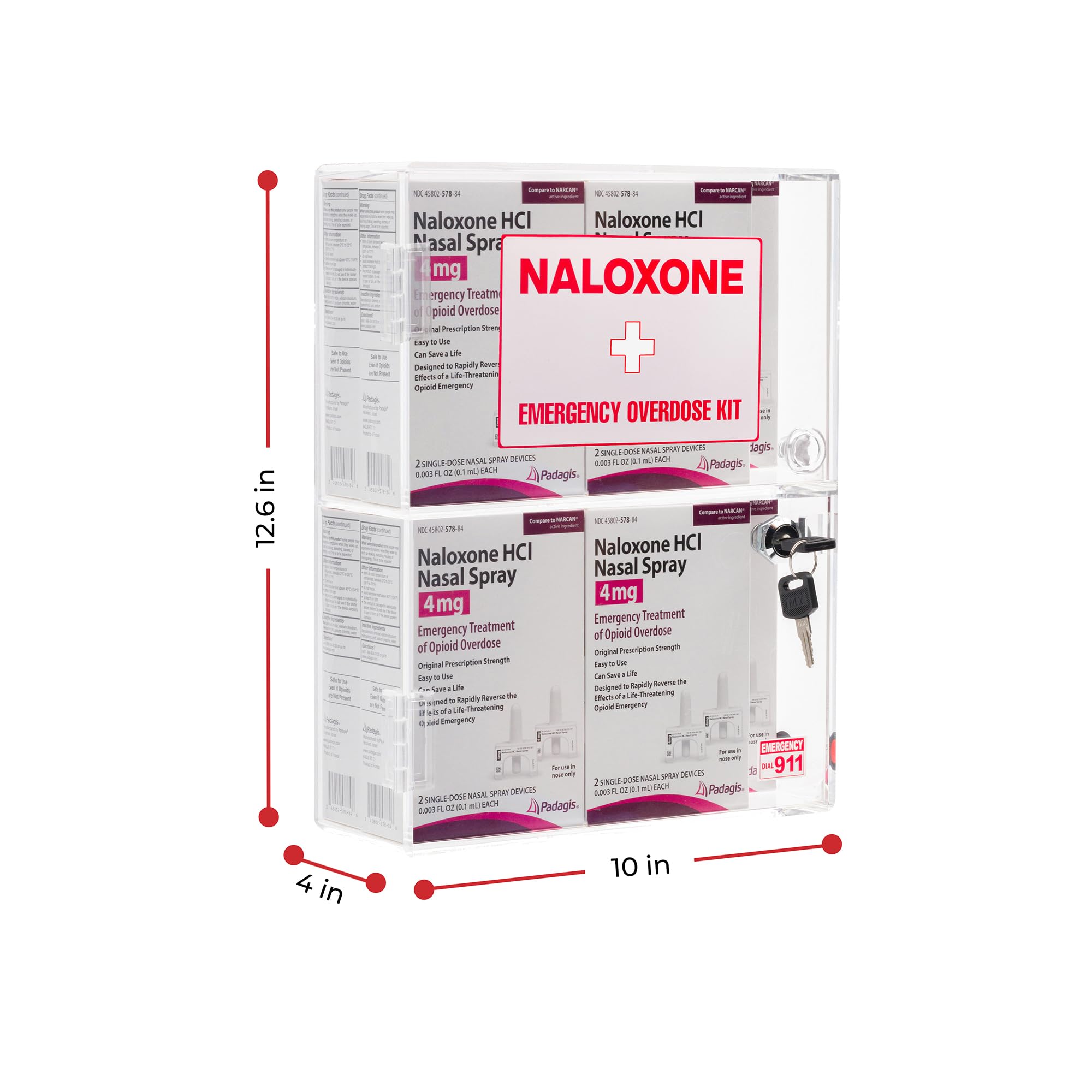Kit de emergencia de sobredosis de naloxona para montaje en pared, diseñado a medida para espacios públicos para contener 6 cajas y accesorios de naloxona, incluyendo kits de primeros auxilios o