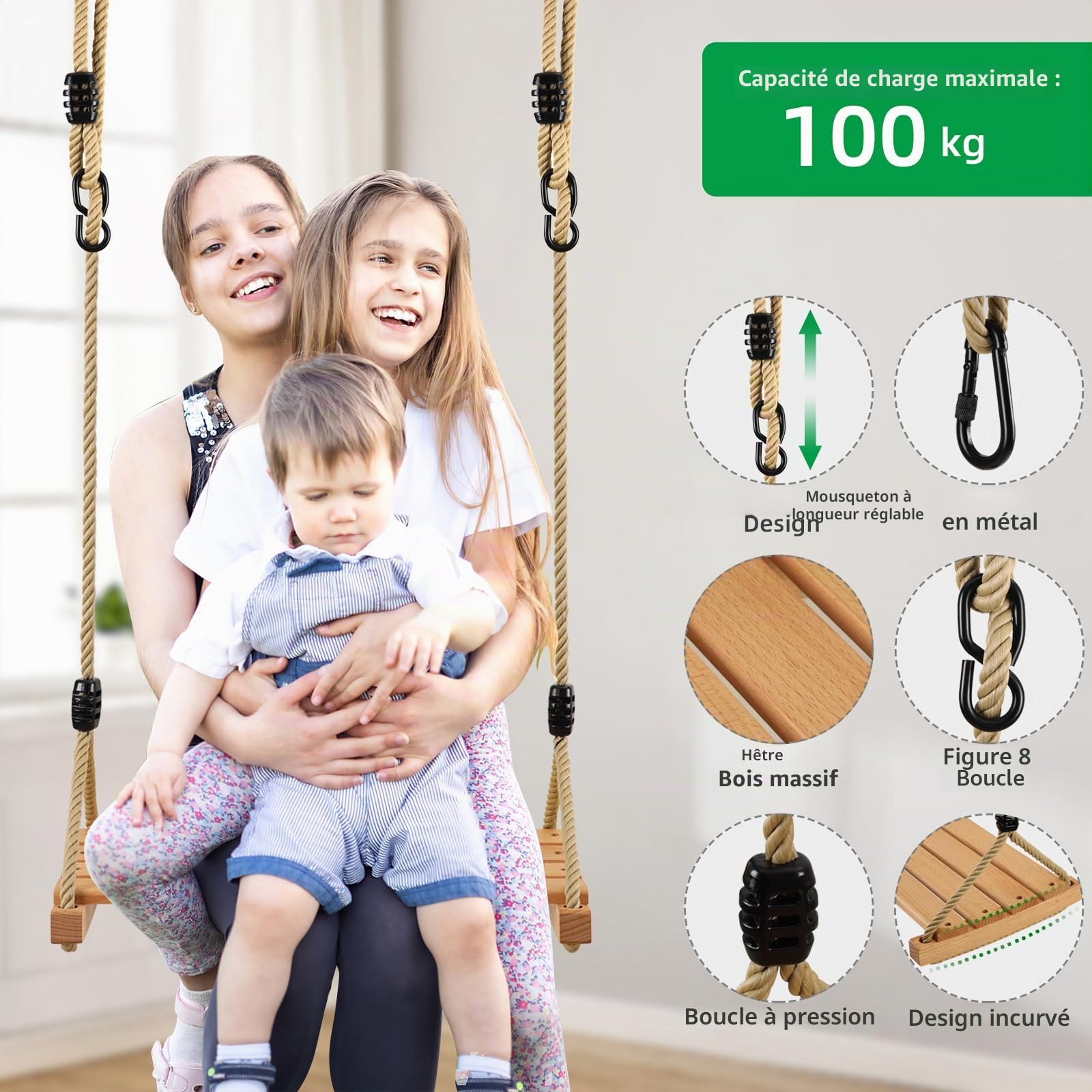 Balançoire Bois Enfant Adulte Extérieur pour Portique Toboggan Arbre Jardin