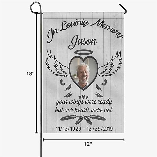 Miniatura 7 de Bandera conmemorativa personalizada para jardín, en memoria amorosa, bandera de condolencias personalizada con nombre y fecha de foto, banderas de