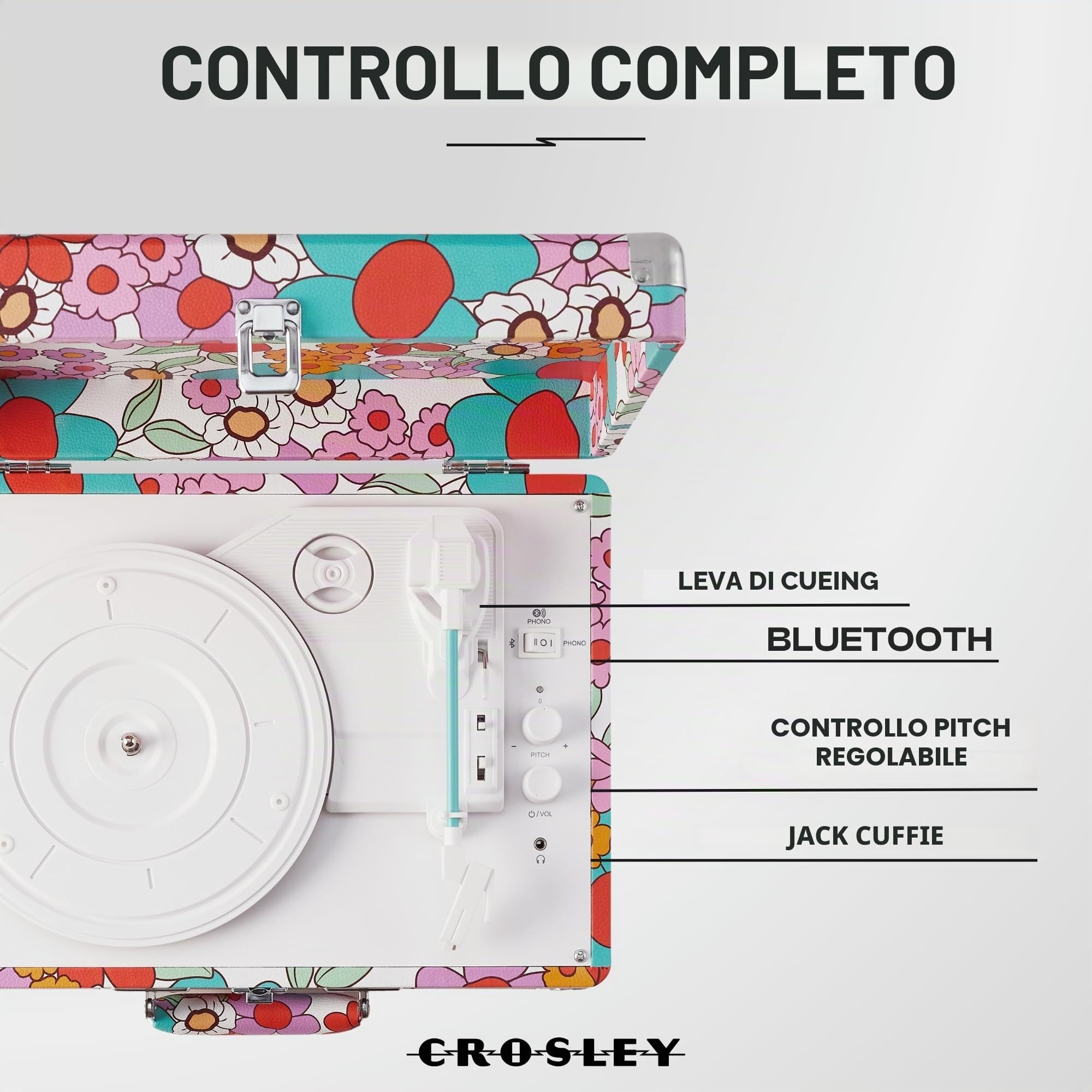 Crosley Cruiser Plus Giradischi con 2 altoparlanti, Bluetooth In & Out e Aux 3 Speed Retro Giradischi – per vinile da 7", 10" e 12" – Portatile con custodia integrata – Groovy Flowers