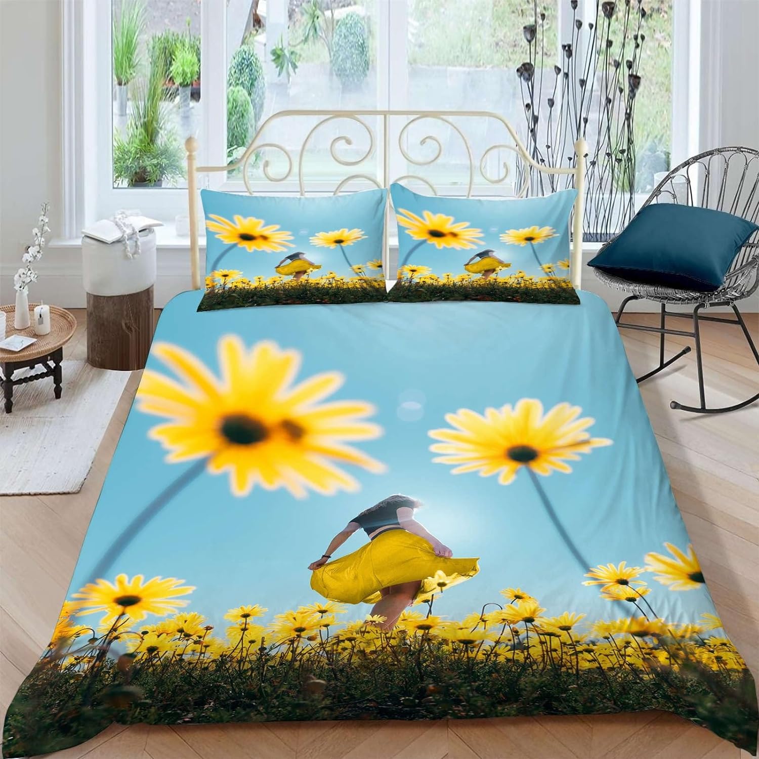 Parure de lit marguerite jaune pour lit 2 personnes et ambiance cocooning