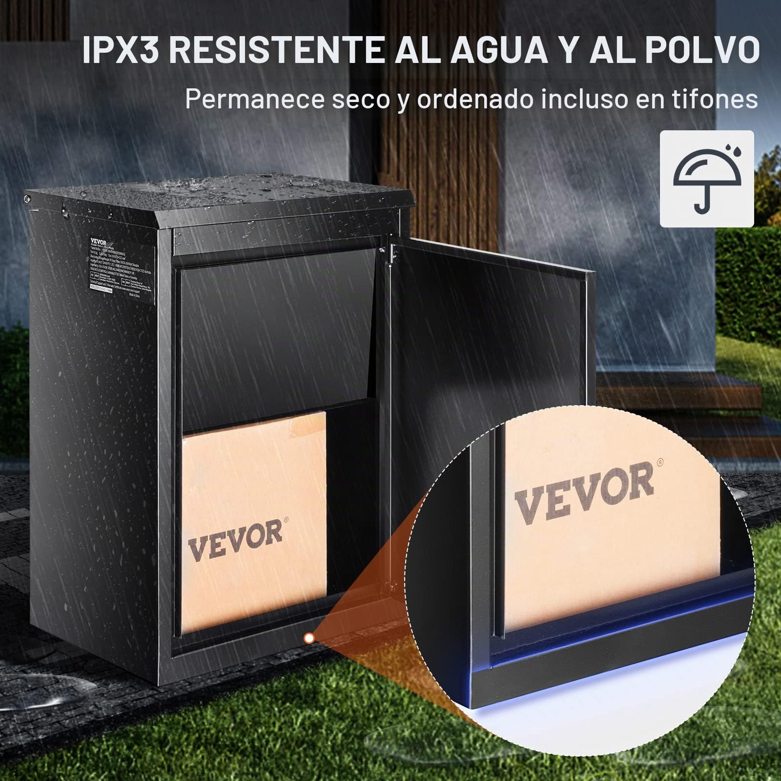 VEVOR Buzón de Paquetes 39x27x52,2 cm Buzón de Acero Galvanizado Código Cerradura Montaje en Pared Independiente Deflector Antirrobo Extraíble Depósito de Paquetes Impermeable IPX3 para Hogar Porche