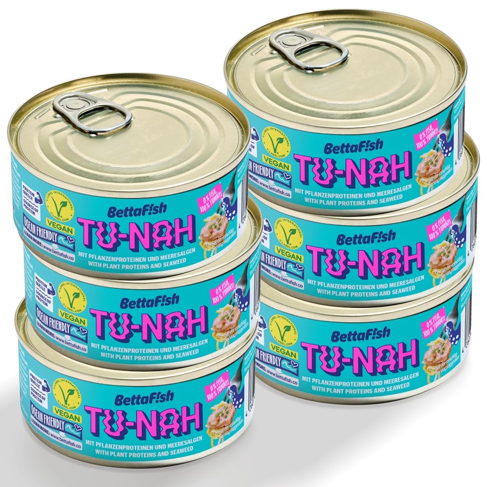 BettaF!sh TU-NAH - Repuesto para atún (6 x 140 g, sustituto vegano, rico en proteínas, Omega 3, vitamina B12, alternativa a pescado, sin soja, vegetariano