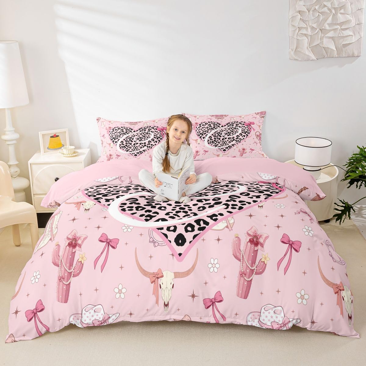 Western Skull Bedding Sets Twin Size,Pink Leopard Letter C Duvet Cover Set 2Pcs for Kids Girls Teens Room Decor,Skull Bow Cactus Floral Comforter Cover Vintage Trendy Quilt Cover,1 Pillowcase image 3