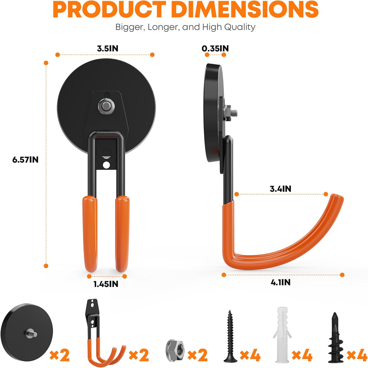 Heavy Duty Storage Magnetic Utility Hooks, Large Strong Garage Magnet Hooks with Anti-Slip Rubber Coating, Utility Magnetic Hangers for Tools, Ladder, Hose, Indoor & Outdoor Use(2 Pcs 3.5in)