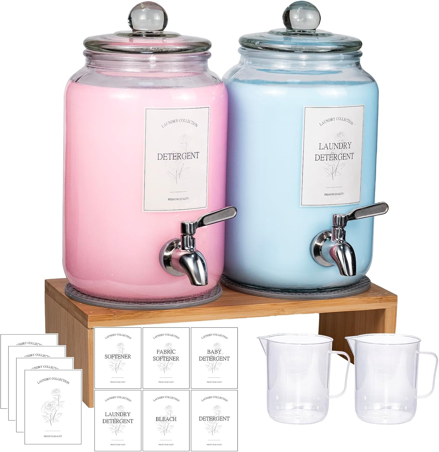 2 Pack Glass Laundry Detergent Dispenser,Sturdy glass Fabric Softener Dispenser With Leak Proof Pump,Reusable Container & Bamboo Stand-108Oz Big Laundry Soap Container For Washer Room Organization (2)