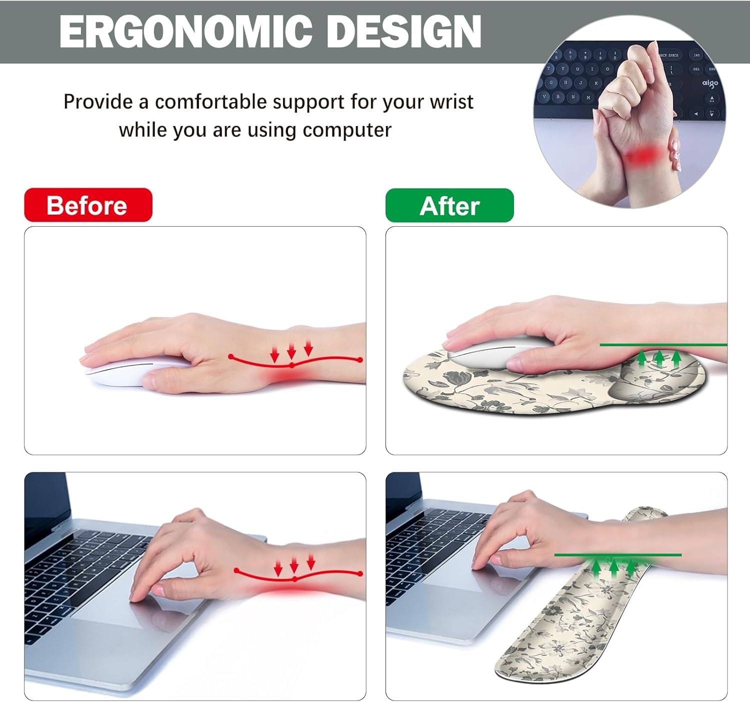 DINKY Desk Mat Mouse Pad, XXL Large Gaming Mouse Pad with Wrist Rest Wrist Support, Ergonomic Mouse Pads, Keyboard Wrist Rest, Desk Accessories Decor for Home Office, Apricot Art Leaf - Image 3