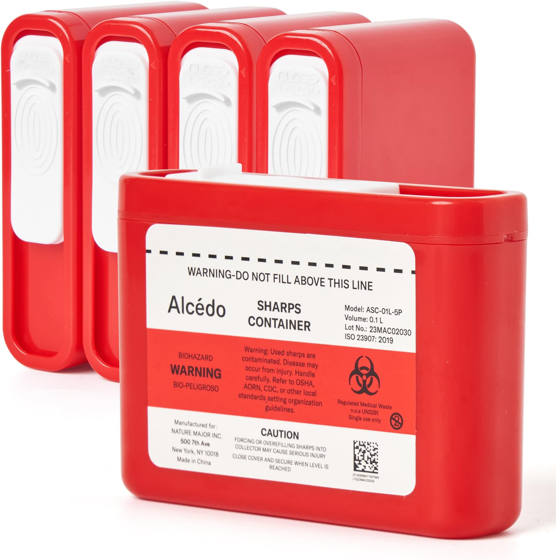 Alcedo Portable Sharps Container for Travel and Home Use (5-Pack), Small 0.1L Container for Diabetes Insulin Pen Needle Disposal, Biohazard Syringe Mini Container, Medical Grade
