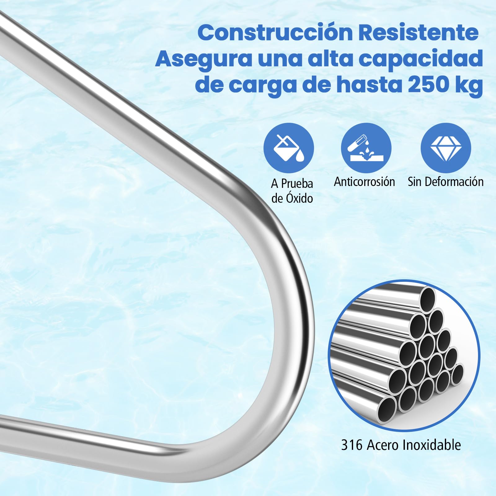 COSTWAY Barandilla Piscina de Acero Inoxidable 304, Pasamanos de Piscina de 119 x 79 cm, Carga 250 kg, con Funda Antideslizante Extraíble y Base de Instalación Rápida, para Escalera Piscinas, SPA (1)
