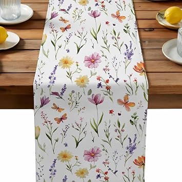 Floral Leaves Spring Summer Table Runner, Spring Kitchen Dining Table Decoration for Home Party Decor 13x72 Inch