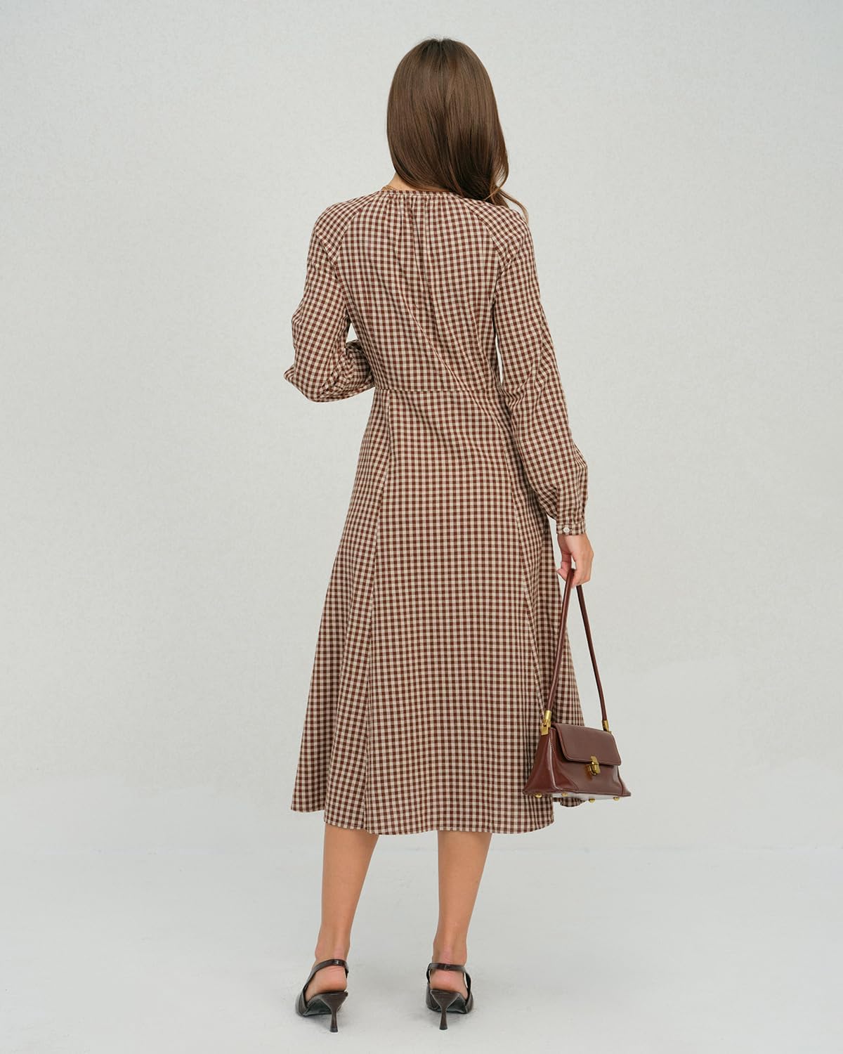 RIHOAS Brown Plaid Gingham Long Sleeve Button Dress A-Line Flowy Midi Maxi for Fall Winter Christmas Birthday Party Vacation - Image 4