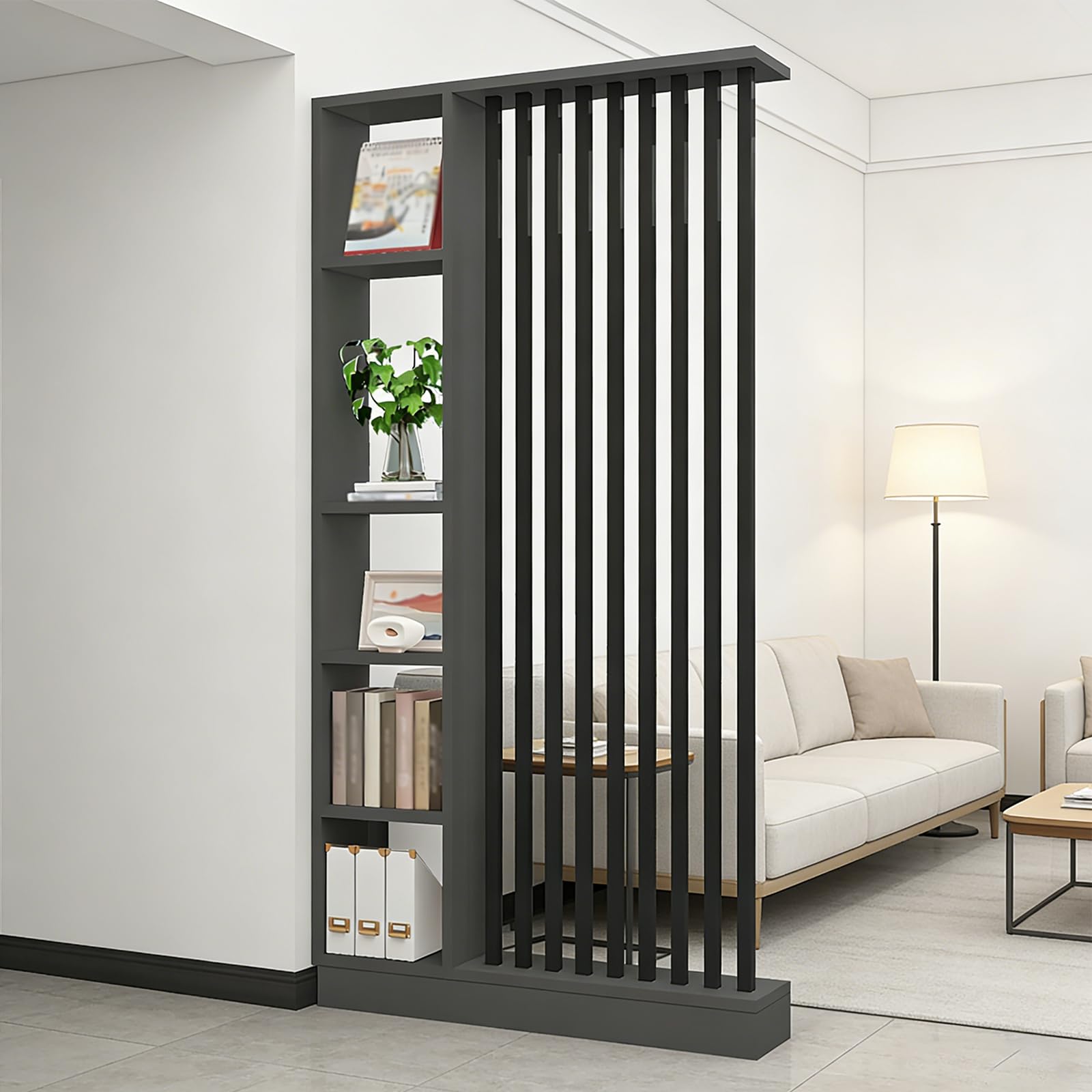 Wall Room Divider with Storage Shelf, Entrance Hall Partition Screen Column Floor to Ceiling, Made of Solid Wood, Easy to Assemble, Suitable for Home or Office Decoration (Black + Gray, 47.2in/120cm)