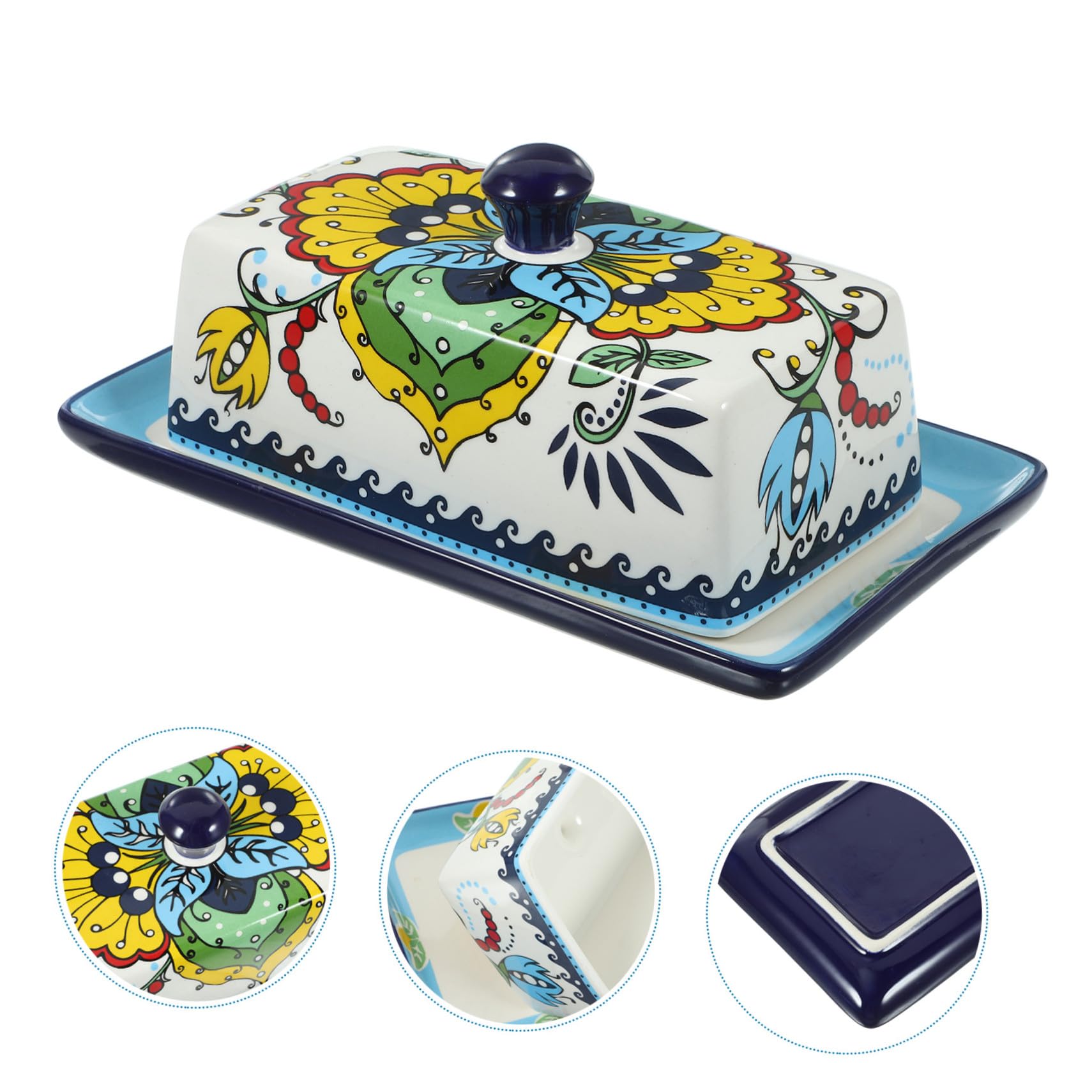 Beurrier en Céramique avec Couvercle Bleu, Style Européen Élégant, Solide Présentation à Table Présent Raffiné