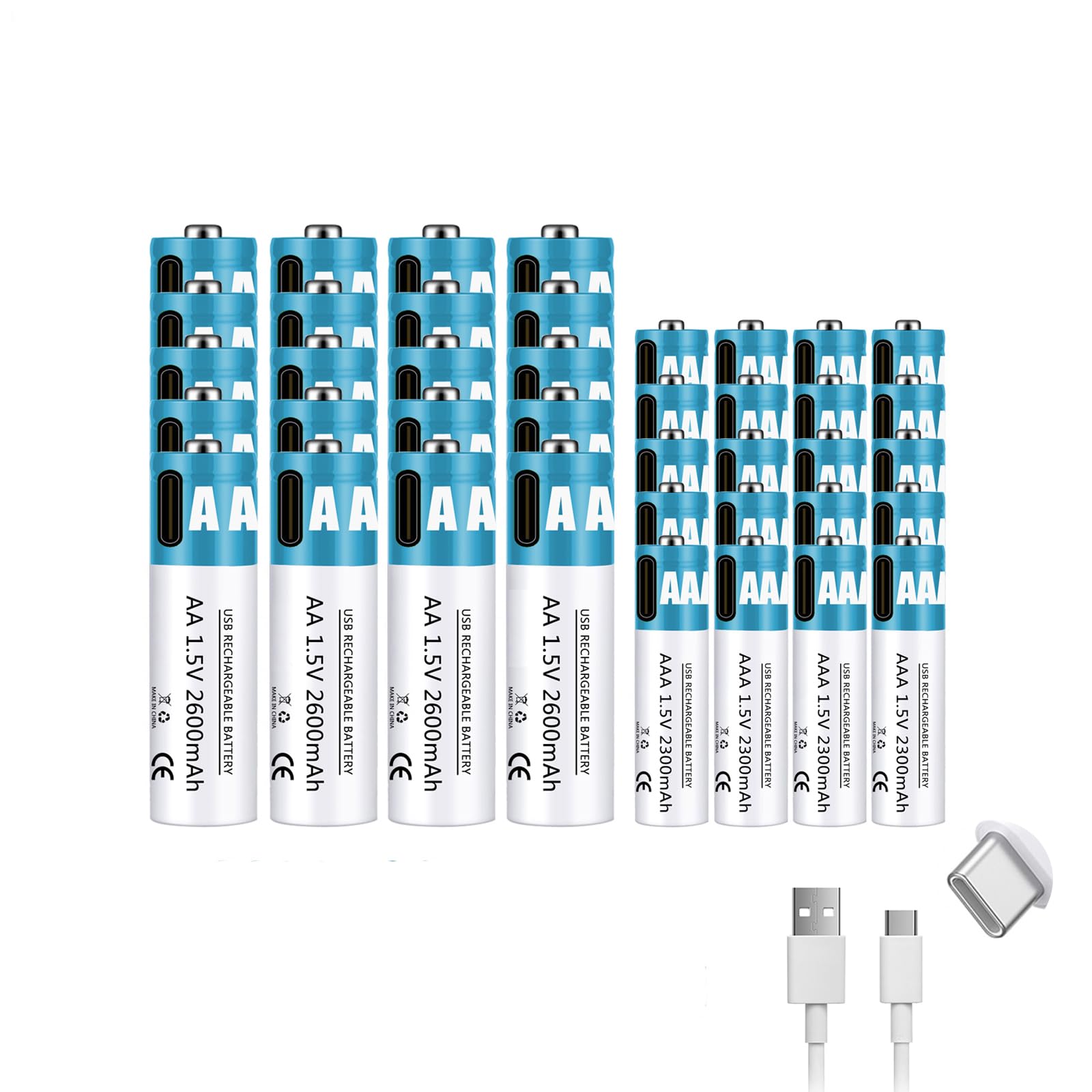 Baterías Recargables AA+AAA 1,5 V 2600 mAh + 2300 mAh batería de Iones de Litio de Alto Rendimiento Carga rápida USB-C (con Cable) para Juguetes/teclados,2600mah+2300mah,20pcs