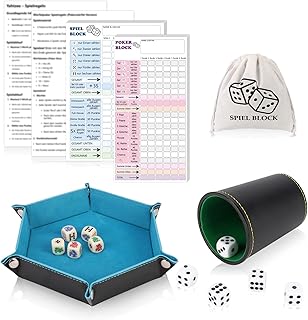17 Stück Würfel Spiel Set Pokerwürfel Set Kniffelbecher 1 Leder Würfelbecher mit kniffelblock 5 Würfeln 5 Pokerwürfel 2 Punktetabelle 1 Würfelteller Filz 2 Spielanleitung Stoffbeutel für Yahtzee