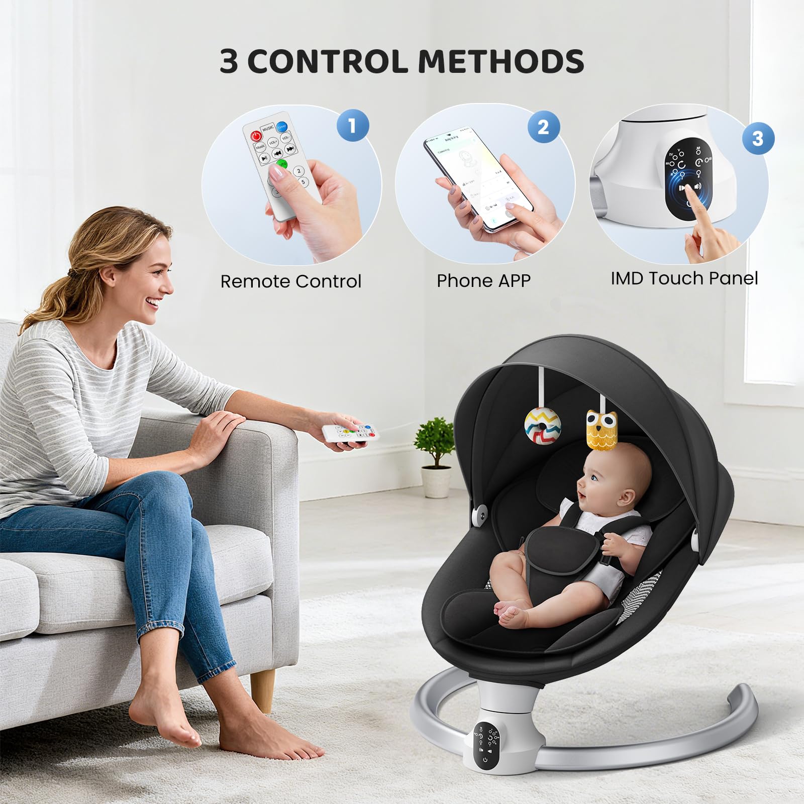 Transat Bébé Electrique – APP & Télécommande Balancelle Bébé Electrique, Balancelle pour Baby Avec 3 Minuteries, 5 Vitesses de Balançoire, 10 Musiques, Bluetooth Transat Baby (APP Noir)