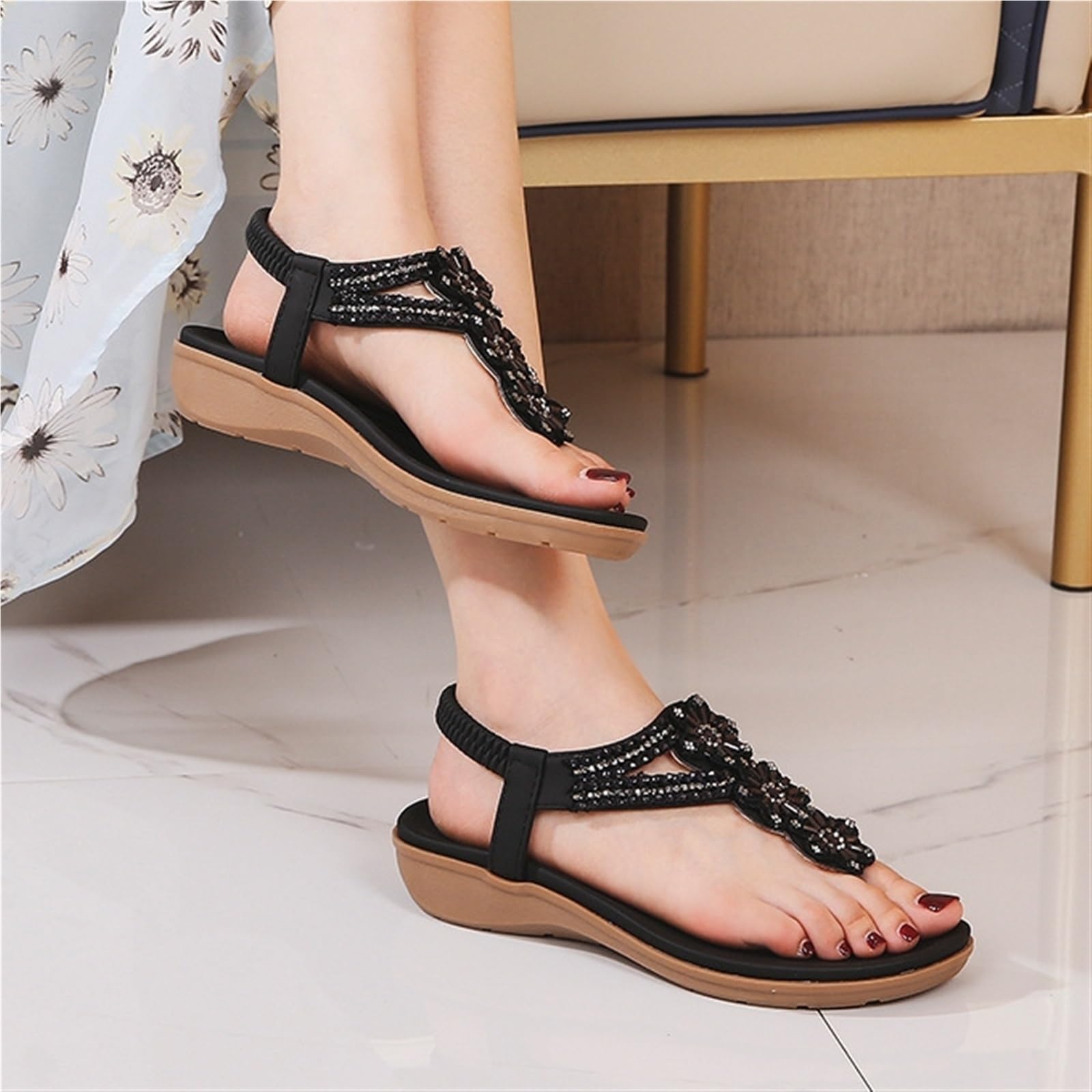 Donna Pizzicare la punta del piede Sandali Strass Perline Boemo Vestito Ciabatte infradito Gladiatore Scarpe Comfort Punta aperta Elastico Cinghia Sandali