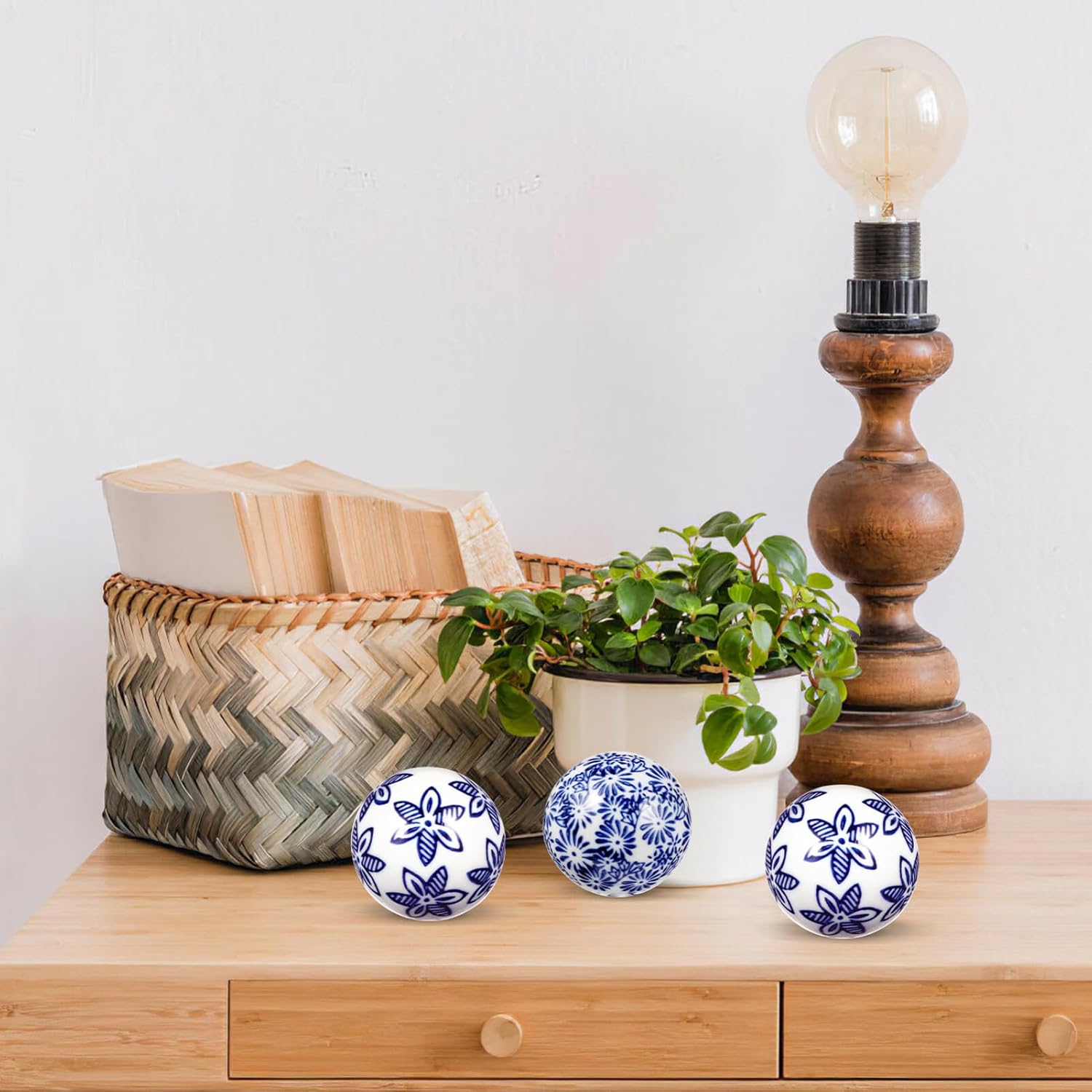 Blue and White Porcelain Balls Decorative Set of 3 Ceramic Orbs Chinoiserie Style Floating Spheres for Home D Cor Vase Fillers 2 Inch