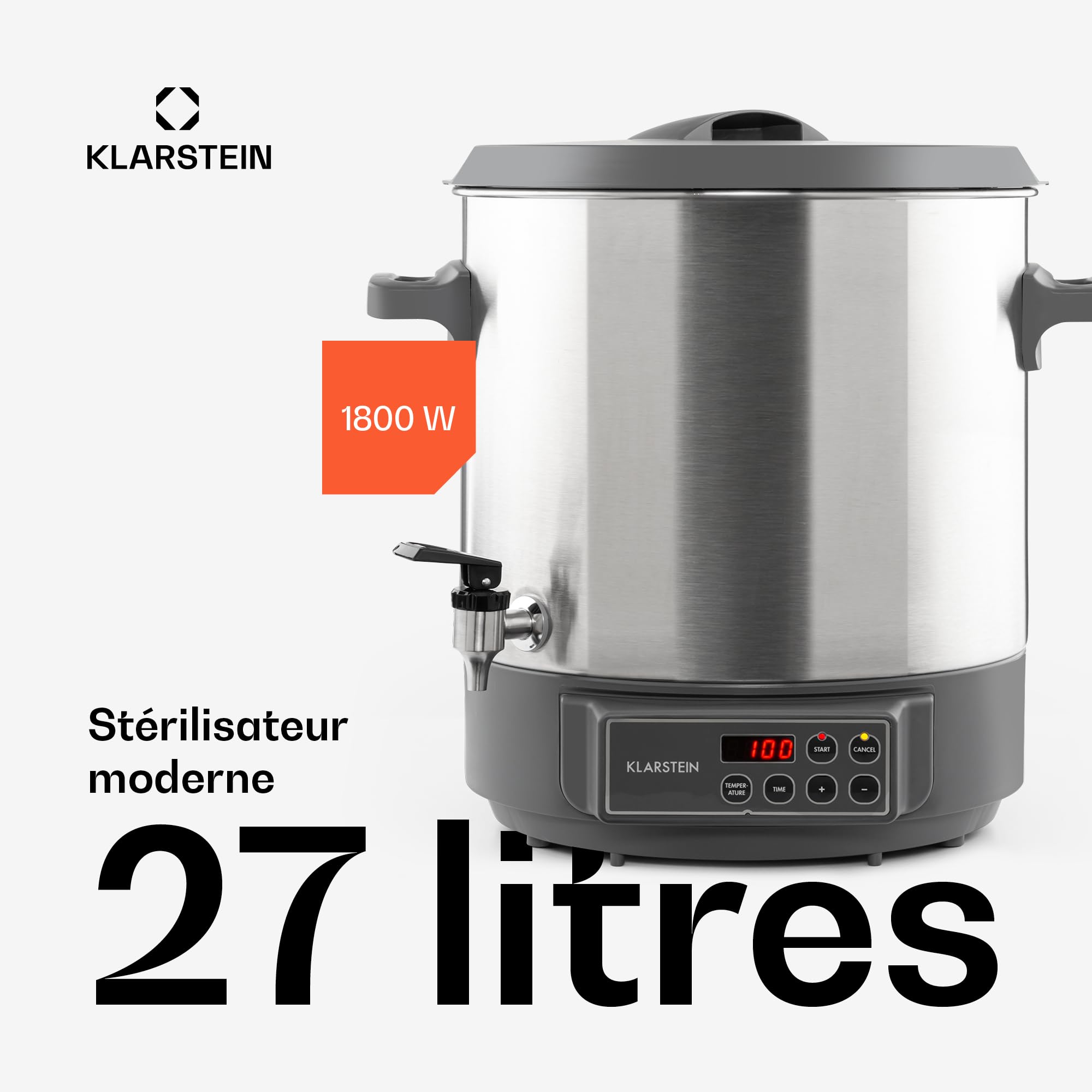 KLARSTEIN Lady Marmalade - Pasteurisateur, Distributeur pour Boissons Chaudes, 27 L, 1800 Watt, 30-100 °C, Minuterie, Fonction réchauffage, Protection Contre la surchauffe, Acier Inoxydable brossé