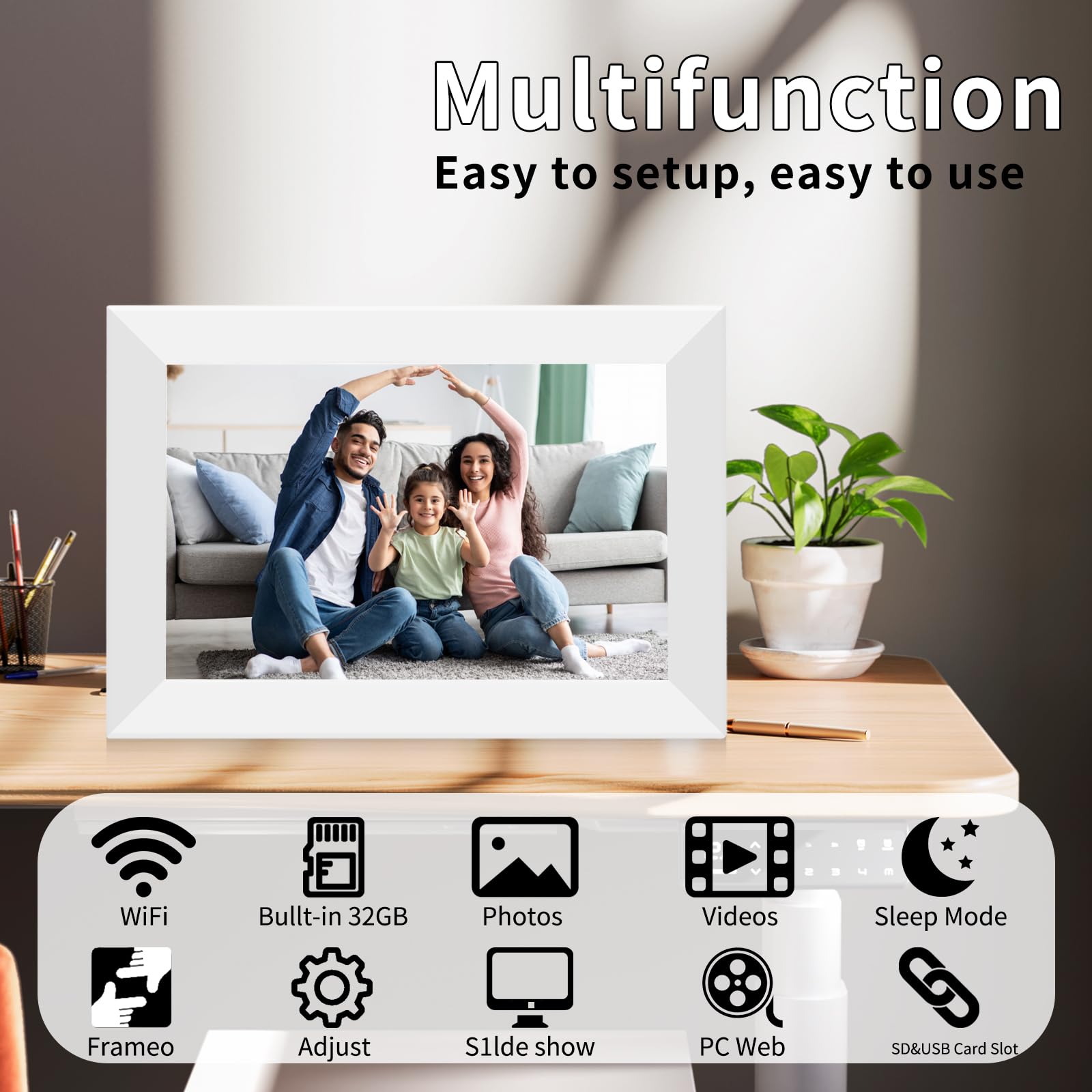 Frameo Cadre photo numérique de 10,1 pouces blanc, cadre photo numérique intelligent WiFi avec écran tactile IPS, écran HD 1280 x 800, rotation automatique de 32 Go, montage mural, fente SD/USB