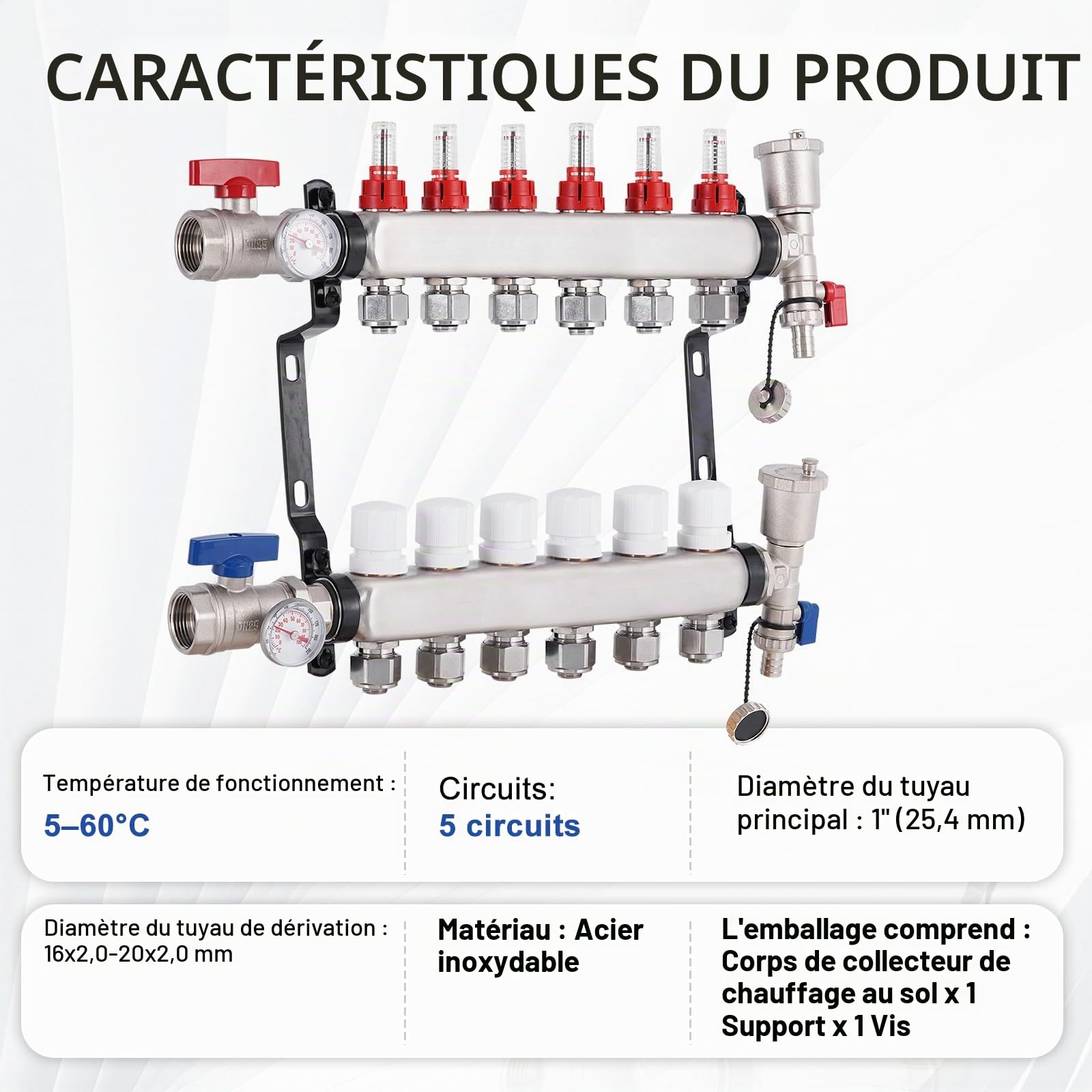 YUCHENGTECH Collecteur Plancher Chauffage en Acier Inoxydable 5 Circuits | Avec Eurocône 3/4"(16x2mm) Distributeur Circuit Chauffage avec Débitmètres, Purgeur d'air Automatique et Vannes à Bille 1"