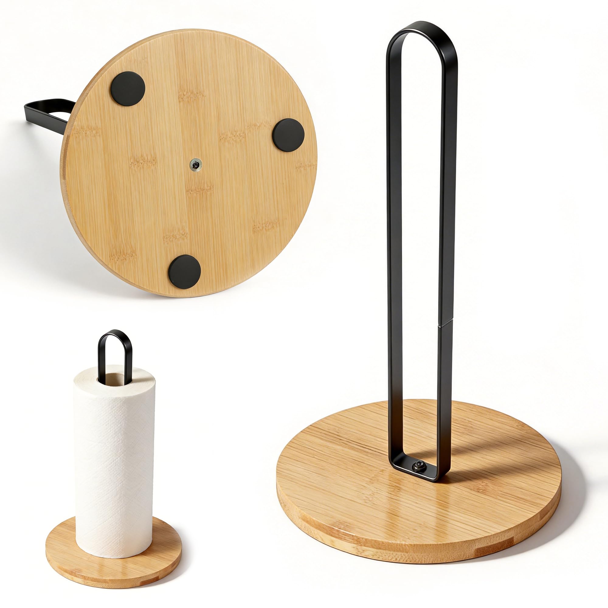 UICCVOKK Freestanding Black Kitchen Roll Holder with Solid Wooden Base