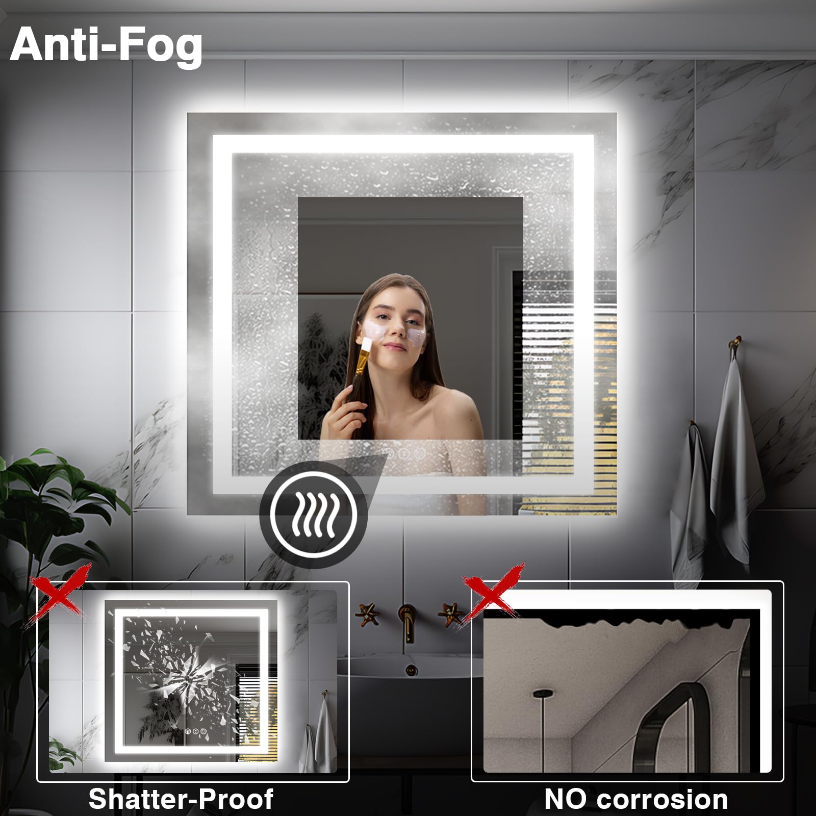 EchosLife 91,4 x 91,4 cm quadratischer LED-Badezimmerspiegel (vorne und hinterleuchtet), beschlagfreier Kosmetikspiegel mit Lichtern, stufenlos, 3 Farben, dimmbar, intelligenter beleuchteter Spiegel