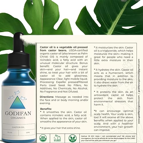 Miniatura 4 de Godifan Organics - Hidratante para la piel con aceite de ricino orgánico certificado, acondicionador para el cabello. Aceite de masaje. 2 onzas