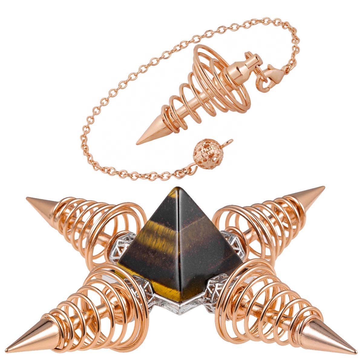 Nupuyai Tiger's Eye Healing Crystal Kit, Energy Pyramid with 4 Metal Coil Power Dowsing Pendulum Collection Set Reiki Figurine Decor
