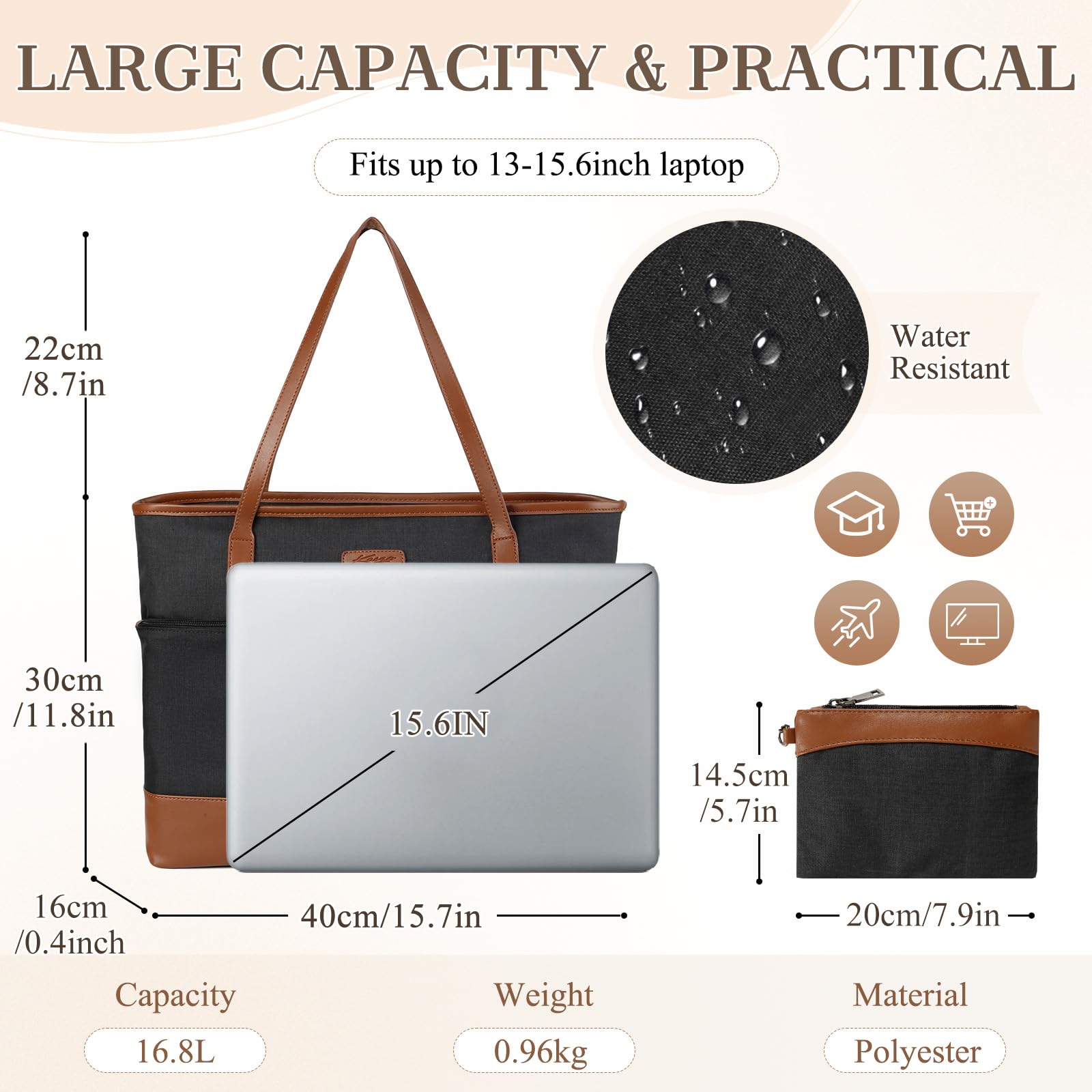 Sac Cabas Femme, Grand 15,6 Pouces Sac Ordinateur Femme Poches Multiples Imperméable Set de Sac Fourre Tout Sac de Cours Lycee avec Pochette pour Travail Affaire Voyage