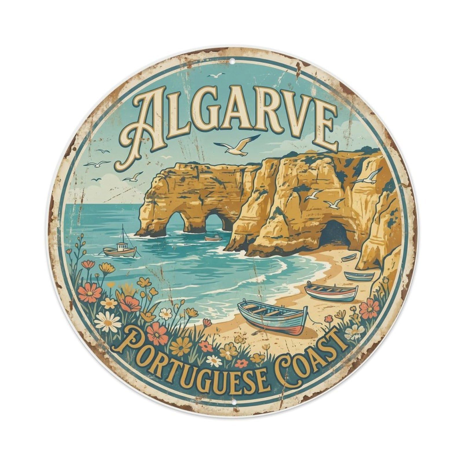 Vintage Travel Algarve Golden Cliffs (2) Metal Tin Sign Plaque Wall Decor for Cafe, Club Bar, Office, Home Garden Round Metal Poster 8x8Inch