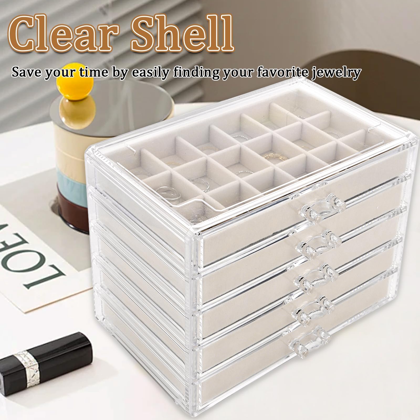 YAYODS Organisateur de Bijoux en Acrylique à 5 Tiroirs - Boîte à Bijoux Transparente avec Doublure en Velours Beige - Rangement Modulable pour Boucles d'Oreilles, Bagues et Colliers sur la Coiffeuse