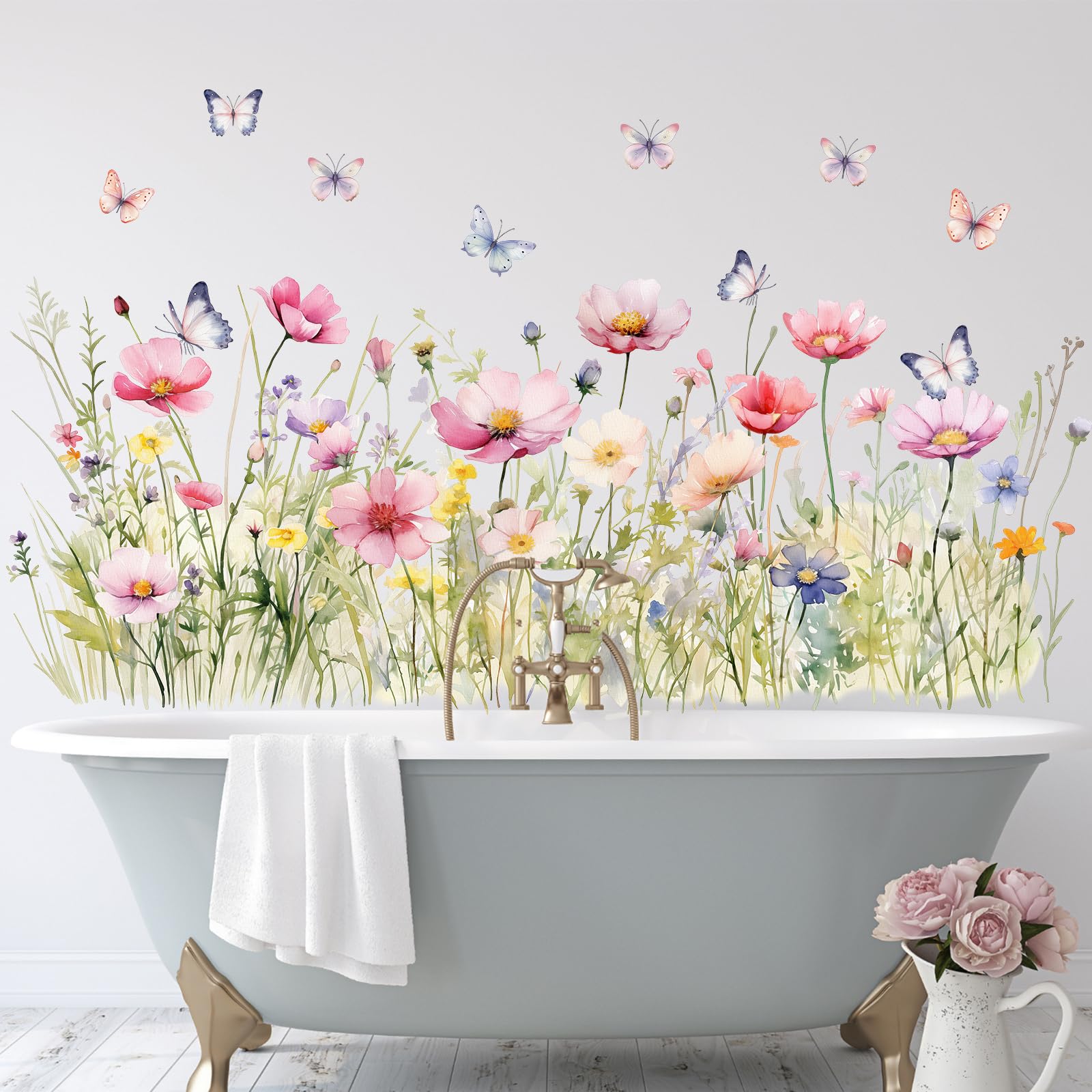 WINDVALE Flowers Wall Decals, Vinyl Butterflies & Floral Wall Stickers, Removable Peel and Stick Wall Murals, Colorful Flower Wall Decor for Bedroom, Living Room, Nursery