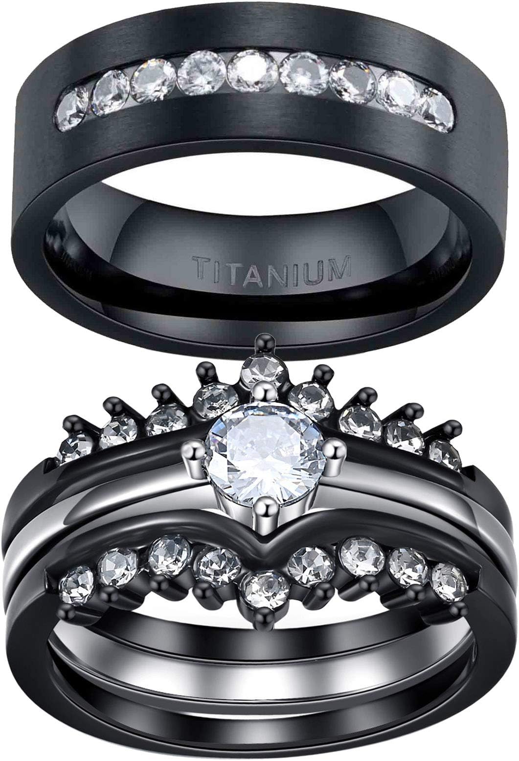RingcrownRound Cz Couple Rings Black Gold Filled 3pc Womens Wedding Ring Sets Titanium Men's Ring Band（Please Buy 2 Rings for 1 Pair）