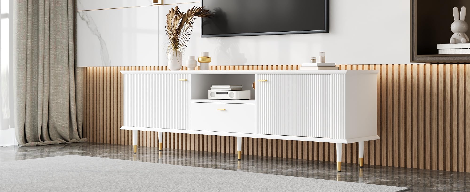 TV-Lowboard mit Soft-Close & Golddetails, 2 Türen, Schublade, Weiß