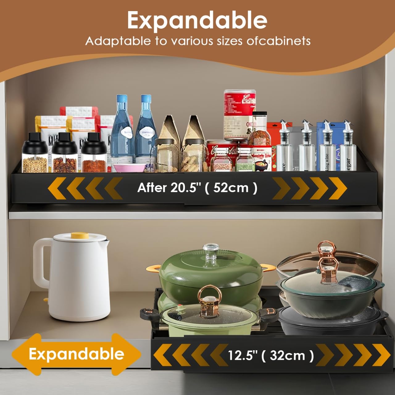 THMINS 2 Pack Ausziehbare Schublade Küche, 52.5 cm Tief, Erweiterbar (32–52 cm), Robuste Ausziehschubladen, Ausziehbare Schubladen Für Schränke, Geeignet Zur Aufbewahrung in Der Küche (Schwarz)