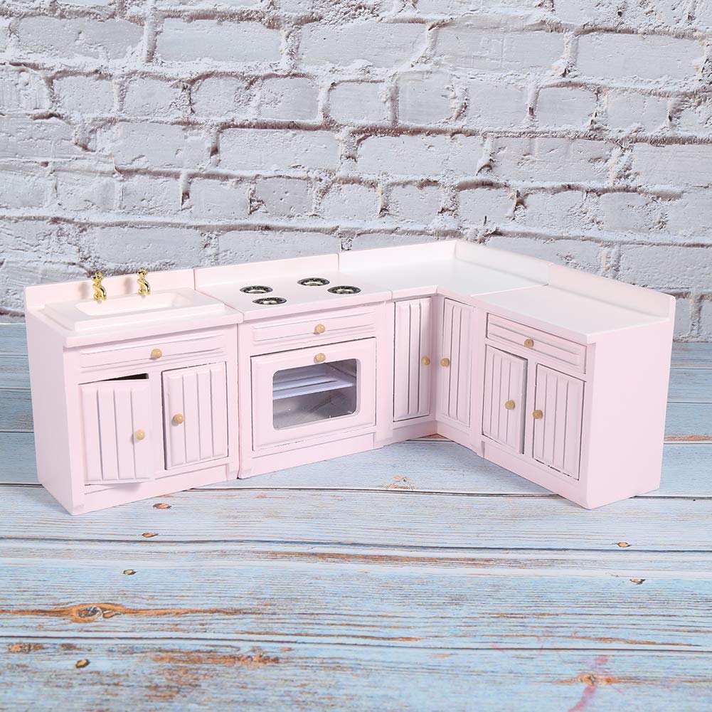 Hidyliu Casa delle Bambole in Legno Mobili da Cucina Integrali Casa in Miniatura Carina Artigianale per Ragazze Rosa (Combinazione di mobili da cucina)