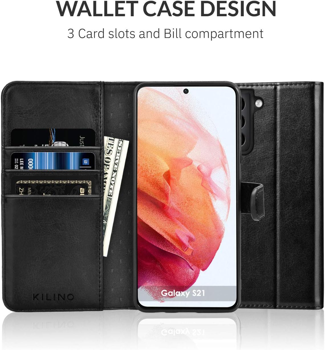 KILINO Galaxy S21 Wallet Case [RFID Blocking] [PU Leather] [Shock-Absorbent Bumper] [Soft TPU] [Card Slots] [Kickstand] Flip Folio Cover for Samsung Galaxy S21 5G (Black)