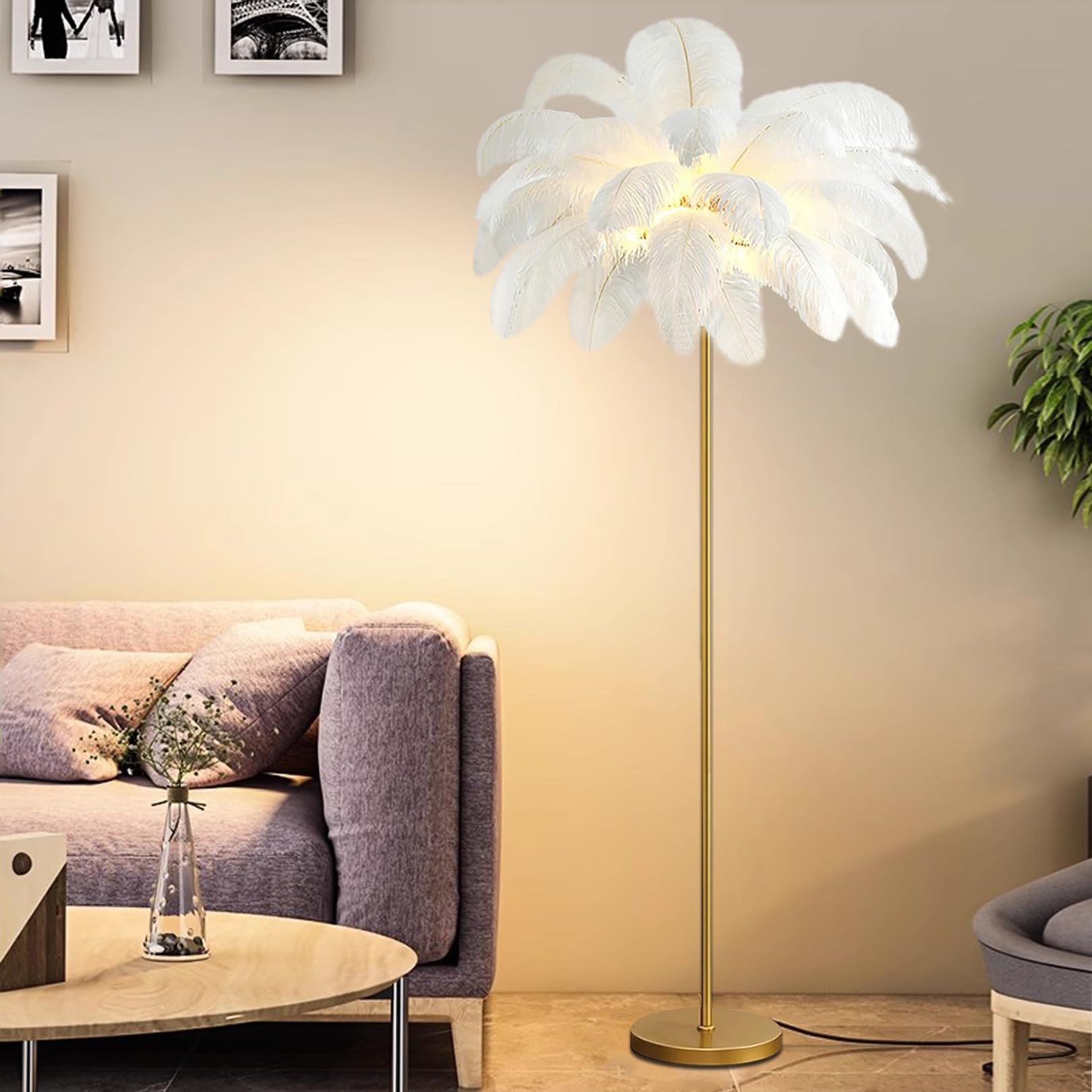 Lampadaire en plumes d'autruche naturelles et design moderne à LED pour un salon chic