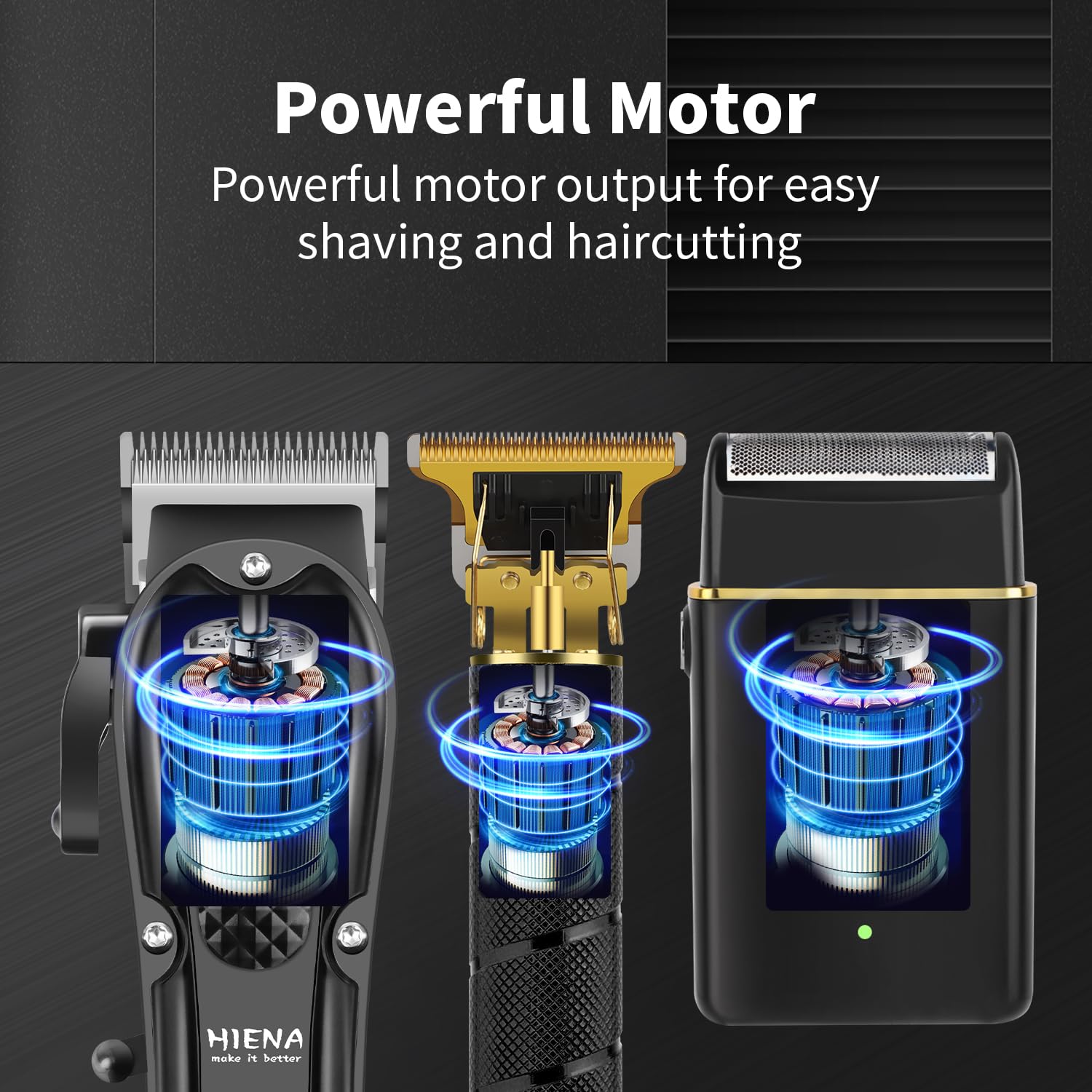 HIENA PRO Tondeuse à cheveux pour homme, sans fil, tondeuse à cheveux, tondeuse à barbe, rasoir à lames, kit complet de rasage et de coupe de cheveux électrique (3 pièces)