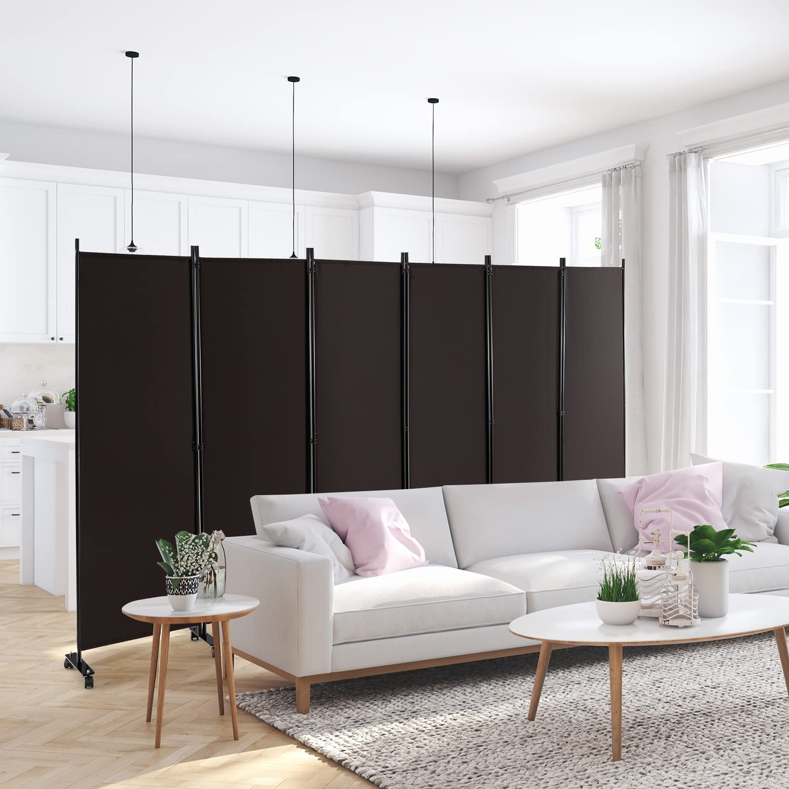 GIANTEX Paravent intérieur sur roulettes - 6 pièces - 334,5 x 172 cm - Paravent Pliable en Tissu - avec Pieds Larges -Protection privée (Marron)
