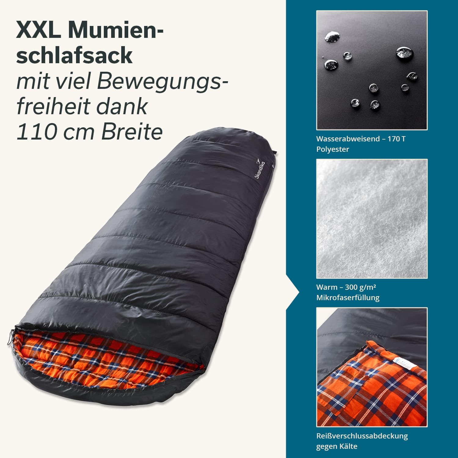 Skandika Schlafsack Vegas Flanell | XXL Mumienschlafsack mit Flanell Baumwoll oder Polycotton Innenfutter für Erwachsene, koppelbar, 3 Jahreszeiten, bis -12° bis -15°C, 220 x 110 cm | Outdoor Camping