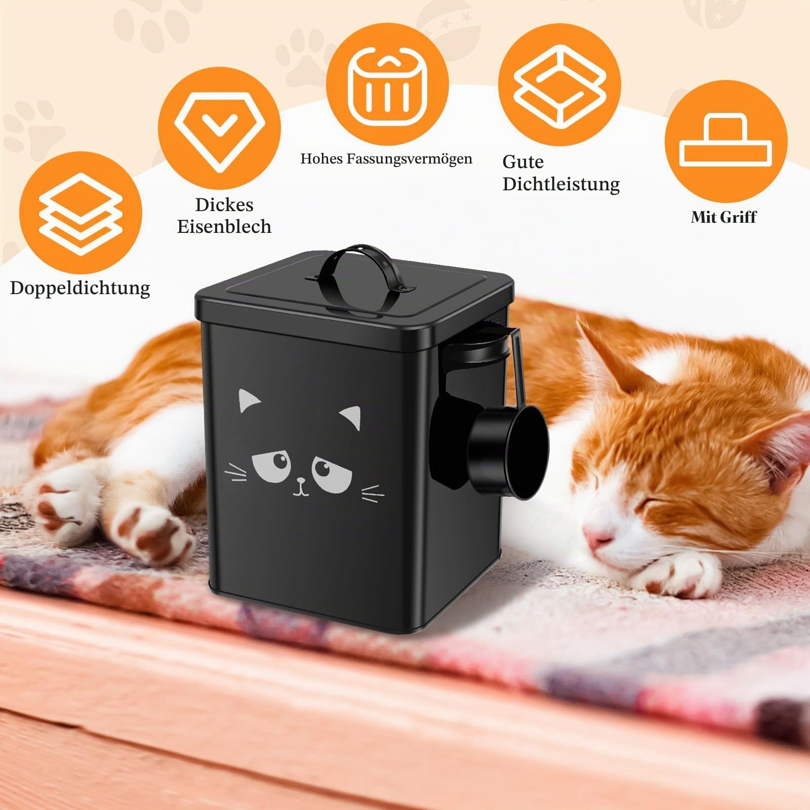 SUPPUIMNT Katzenfutter Aufbewahrung aus Metall mit 6 Liter, Fassungsvermögen inkl Schaufel und luftdichtem Deckel,für Trockenfutter (Farbe: Schwarz) Haustier