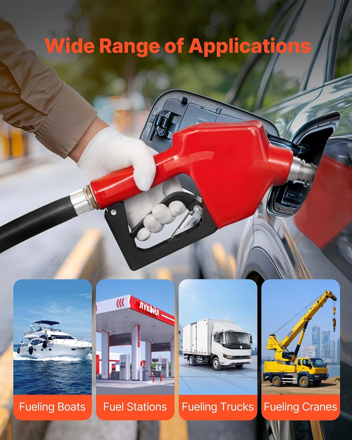 VEVOR 3/4" NPT Automatic Fuel Nozzle with 20Ft hose, Max Rate 11.8 GPM, Auto Shut Off Diesel Gas Pump Nozzle with 3-Speed Trigger Lock & 13/16" (OD=20 mm) Spout for Gasoline, Diesel, Kerosene, Red