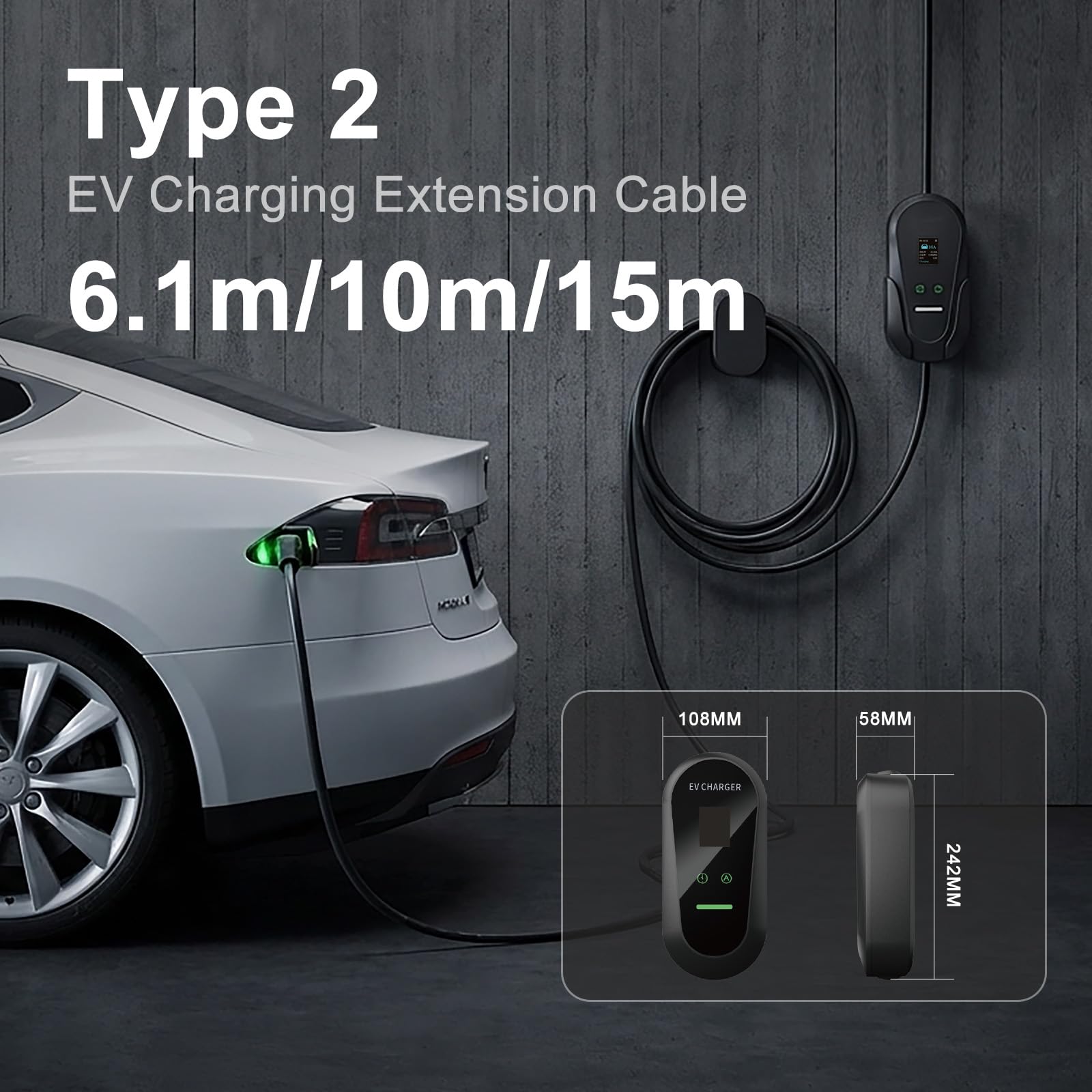 GROWNEER EV Charger 3 Pin Plug 20Ft/6.1M Type 2 Charging Cable 3kW, [6/8/10/13A] Electric Car granny Charger IP66 Advanced Protection car charging cable Suitable for EVs & PHEVs - 2