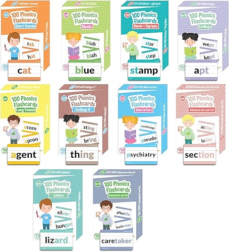 Paquete de 1000 tarjetas flash fonéticas, 10 unidades, CVC corto, vocal larga, mezclas, dígrafo, final de palabras, letra silenciosa, compuesto,